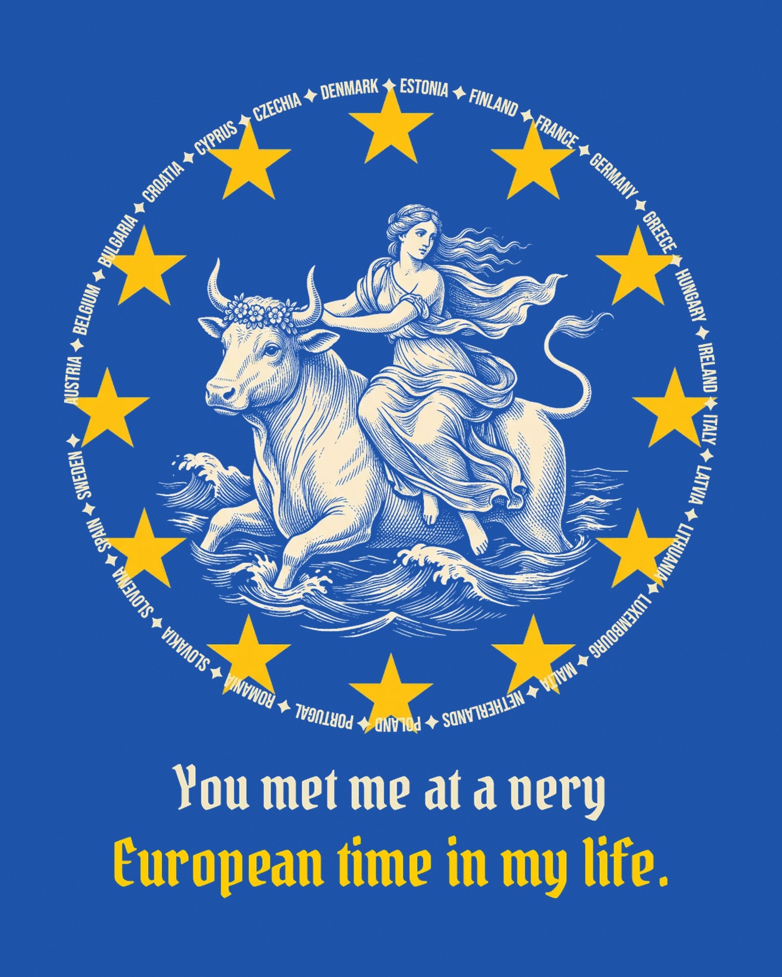 Europa and the bull inside the twelve stars and the 27 EU member states