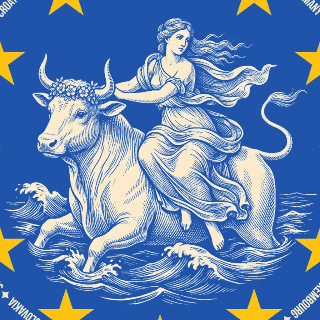 Close-up of the Europa and the bull engraving with gold stars