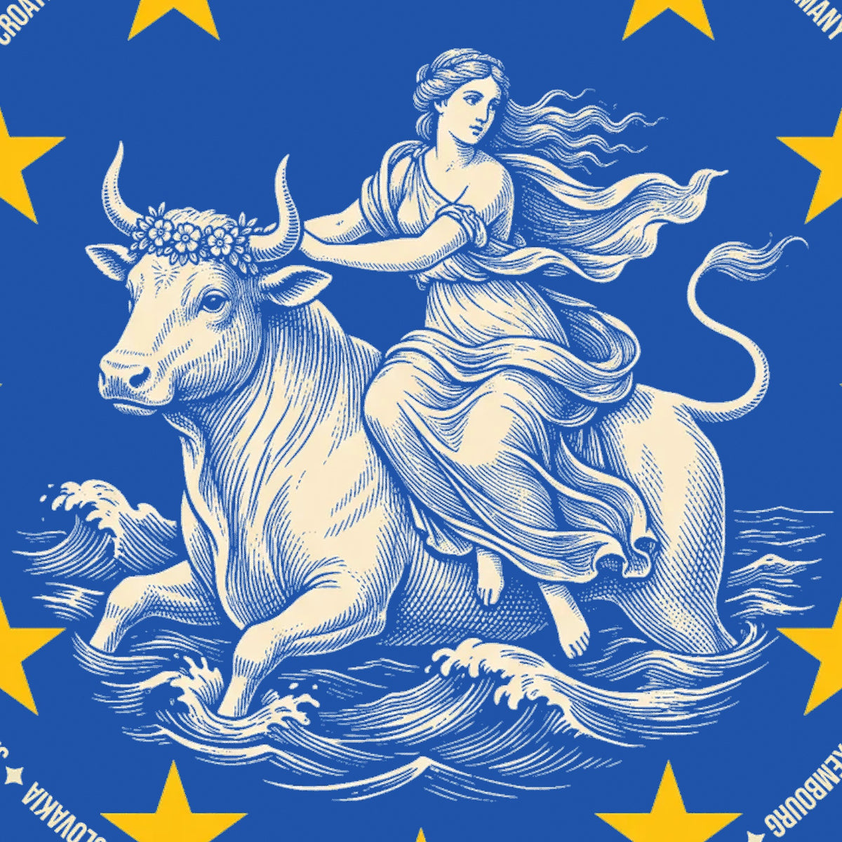 Close-up of the Europa and the bull engraving with gold stars