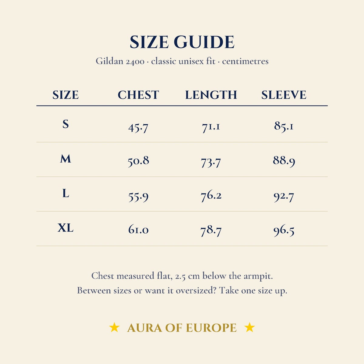 Size guide in centimetres, sizes S to XL