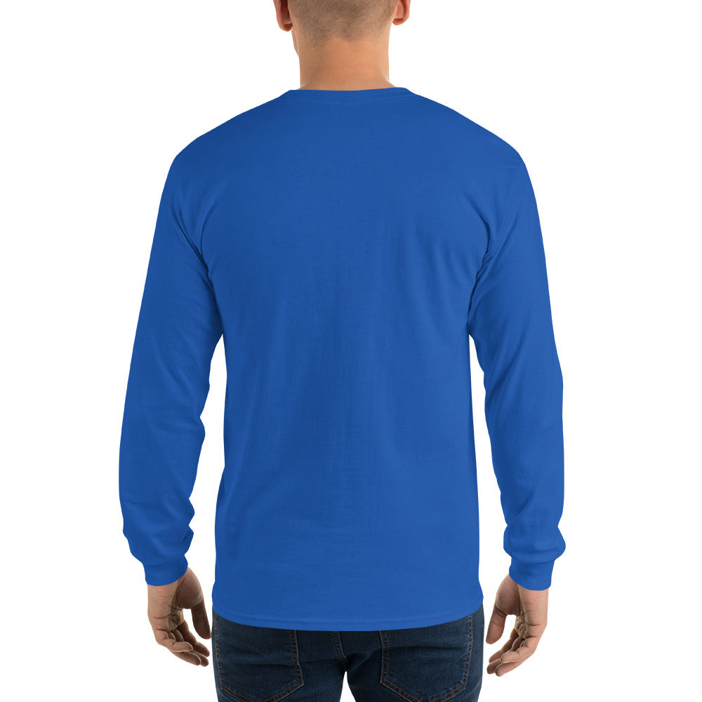 Back view of the royal blue European Time long sleeve on a model, plain back