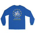 You met me at a very European time long sleeve shirt, royal blue, front with Europa and the bull in twelve gold stars
