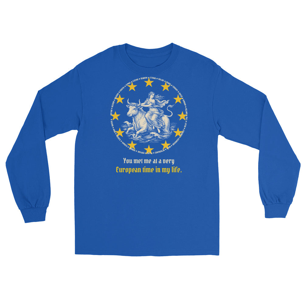 You met me at a very European time long sleeve shirt, royal blue, front with Europa and the bull in twelve gold stars