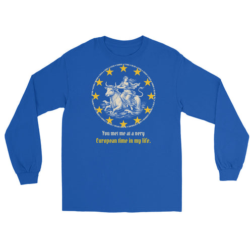 You met me at a very European time long sleeve shirt, royal blue, front with Europa and the bull in twelve gold stars