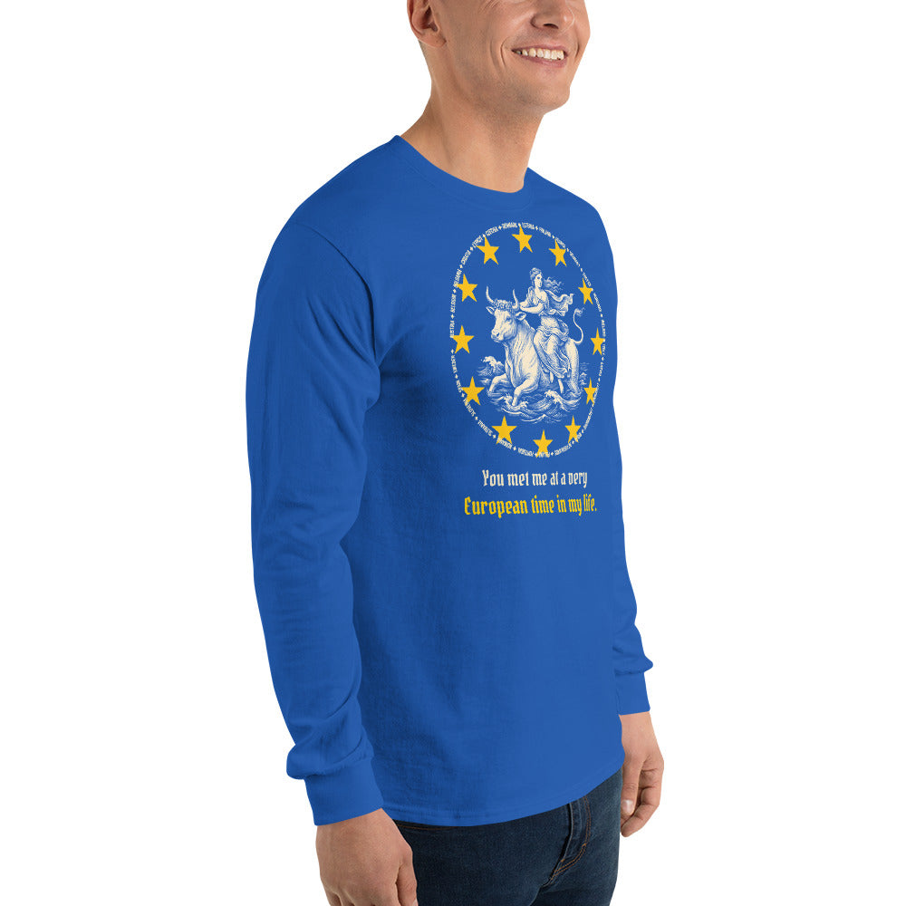 Model wearing the royal blue Very European Time long sleeve shirt by Aura of Europe